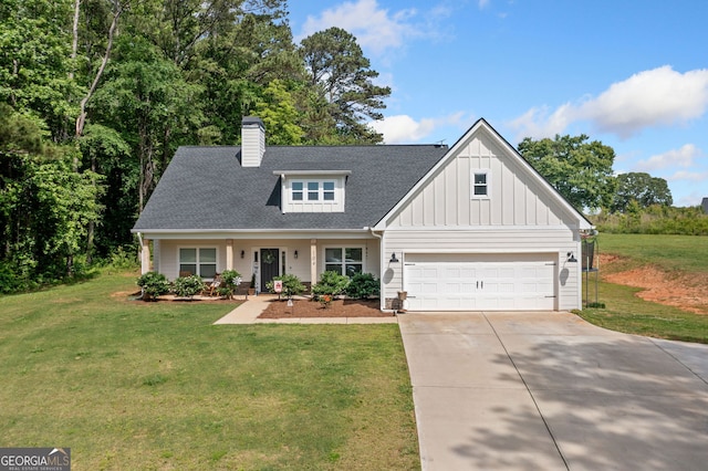 104 Federal Path, Temple, GA 30179 - view of front of house with driveway, board and batten siding, a front yard, and a chimney
