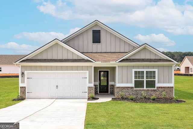 craftsman-style house featuring a front lawn, concrete driveway, board and batten siding, brick siding, and a garage