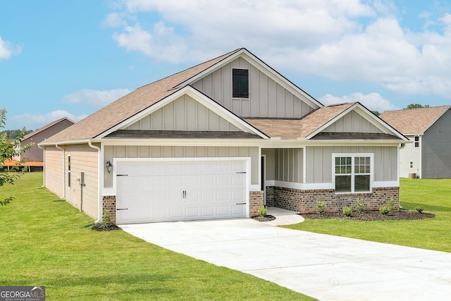 craftsman-style home featuring brick siding, driveway, a front lawn, and roof with shingles