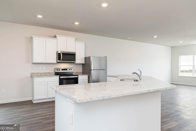 kitchen featuring dark wood finished floors, baseboards, stainless steel appliances, and a sink
