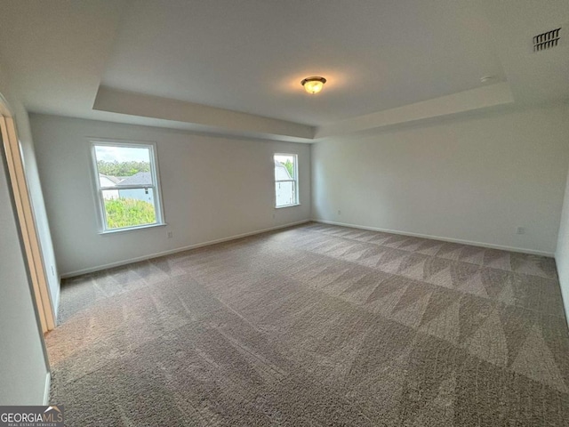 spare room with carpet floors, a tray ceiling, and visible vents