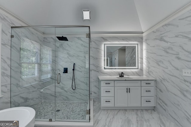 10783 Glenleigh Dr, Johns Creek, GA 30097 - bathroom featuring tile walls, a soaking tub, marble finish floor, and a marble finish shower