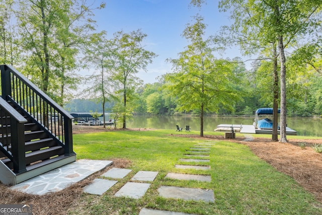 1630 Dogwood Dr, Greensboro, GA 30642 - view of yard featuring stairway and a water view