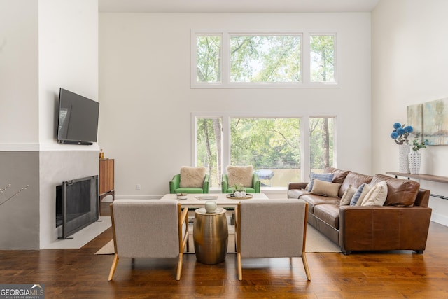1630 Dogwood Dr, Greensboro, GA 30642 - living area with a fireplace with flush hearth, wood finished floors, and a towering ceiling