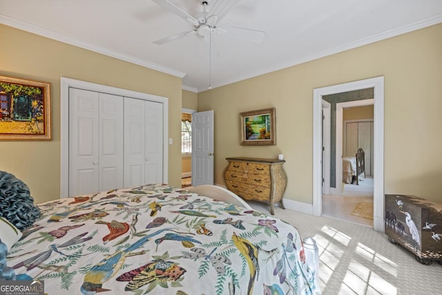 129 Barrington Hall Dr, Eatonton, GA 31024 - bedroom with a ceiling fan, carpet floors, crown molding, and a closet