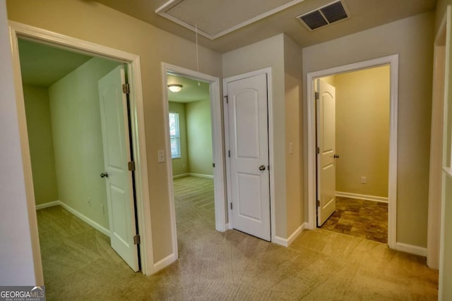 11224 Aliyah Dr, Hampton, GA 30228 - hall featuring attic access, carpet floors, visible vents, and baseboards