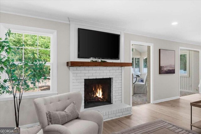 7300 Wynhill Dr, Sandy Springs, GA 30328 - living room with wood finished floors, a brick fireplace, baseboards, and ornamental molding