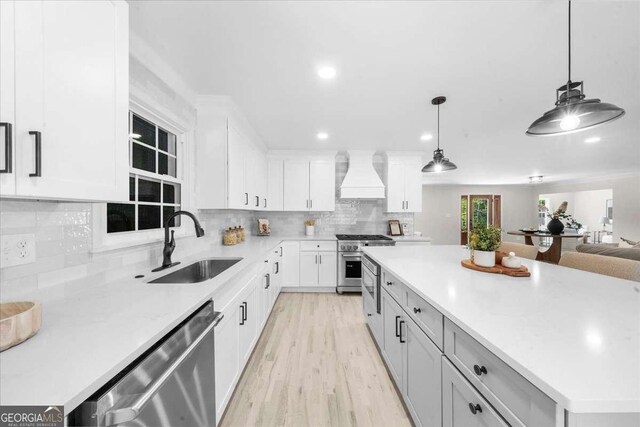 7300 Wynhill Dr, Sandy Springs, GA 30328 - kitchen featuring custom exhaust hood, a sink, stainless steel appliances, backsplash, and recessed lighting