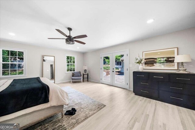 7300 Wynhill Dr, Sandy Springs, GA 30328 - bedroom featuring a ceiling fan, light wood-style floors, french doors, access to outside, and recessed lighting
