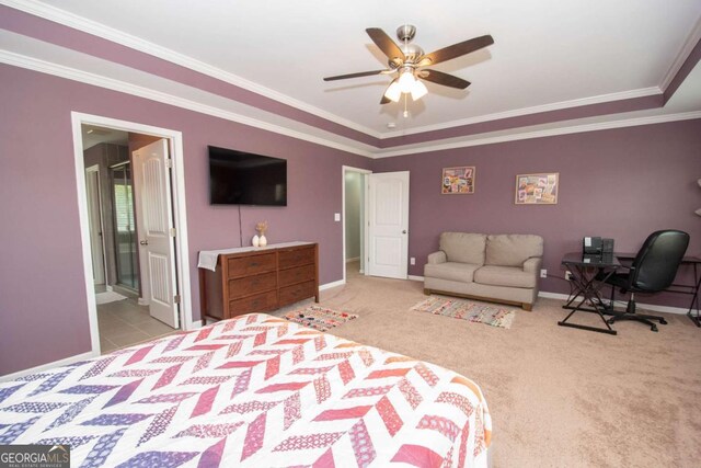 bedroom featuring ceiling fan, baseboards, ornamental molding, and carpet floors