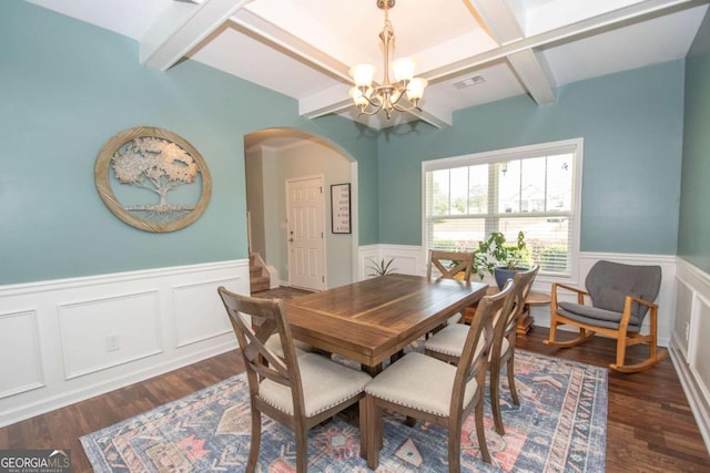 dining room featuring arched walkways, wainscoting, an inviting chandelier, coffered ceiling, and beamed ceiling