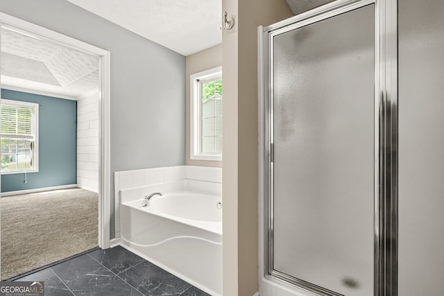 bathroom with a stall shower, a bath, and a wealth of natural light