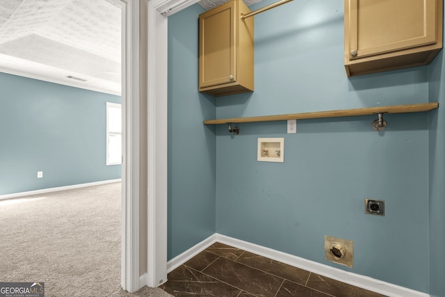 laundry room with marble finish floor, baseboards, hookup for an electric dryer, cabinet space, and washer hookup