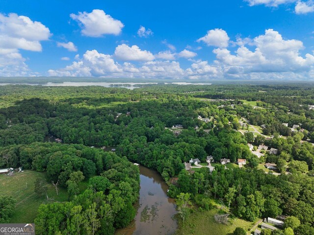 aerial view of a heavily wooded area and a large body of water