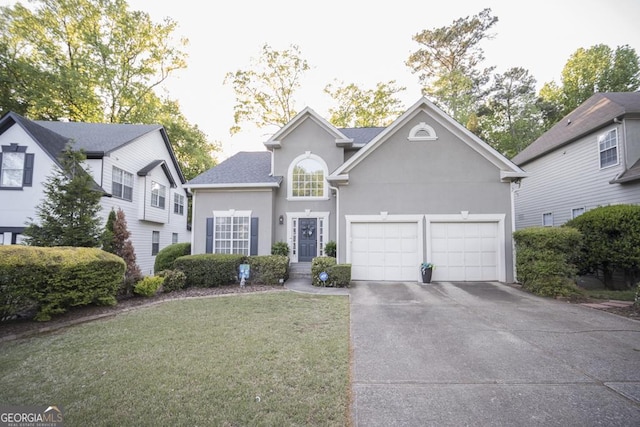 2019 Chelton Way SE, Smyrna, GA 30080 - traditional home with asphalt driveway, stucco siding, an attached garage, and a front yard