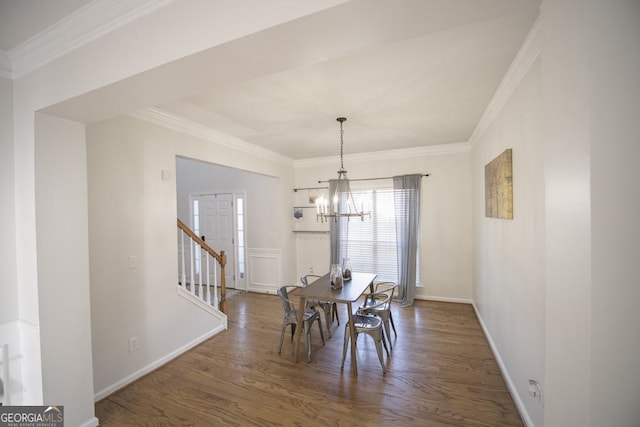 2019 Chelton Way SE, Smyrna, GA 30080 - dining space with ornamental molding, wood finished floors, a chandelier, baseboards, and stairs