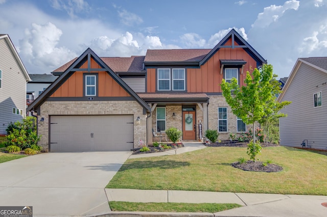 59 Michigan Cir, Hoschton, GA 30548 - craftsman-style house with concrete driveway, a front lawn, board and batten siding, an attached garage, and roof with shingles