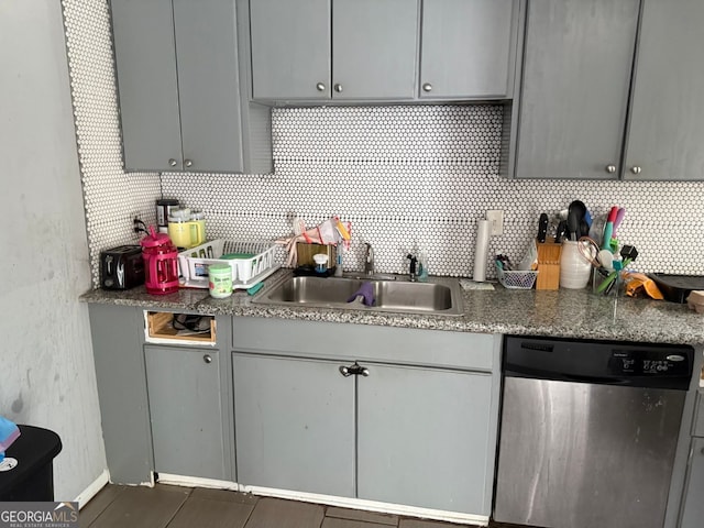 3231 Abbeywood Dr, Decatur, GA 30034 - kitchen featuring a sink, decorative backsplash, gray cabinets, and stainless steel dishwasher