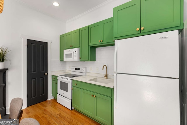 69 Hogue St NE, Atlanta, GA 30312 - kitchen featuring white appliances, a sink, light countertops, tasteful backsplash, and crown molding