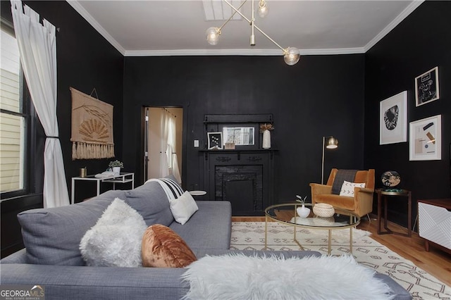 69 Hogue St NE, Atlanta, GA 30312 - living area featuring wood finished floors, a fireplace, and crown molding