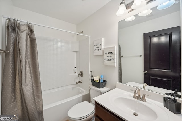bathroom with shower / tub combo with curtain, toilet, and vanity