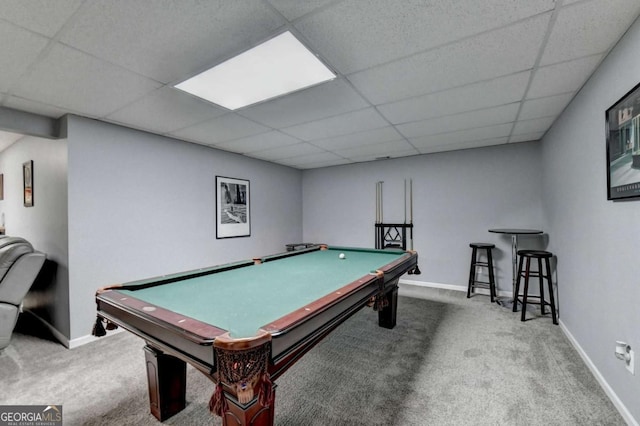 2820 Ashton Tree Ct, Dacula, GA 30019 - game room featuring baseboards, billiards, a paneled ceiling, and carpet