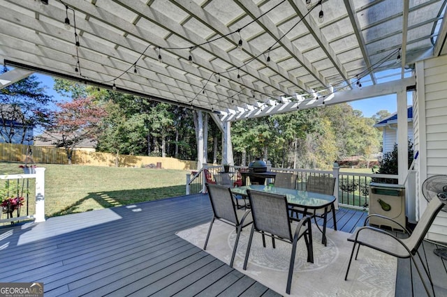 2820 Ashton Tree Ct, Dacula, GA 30019 - deck with a pergola, outdoor dining space, a lawn, and a fenced backyard