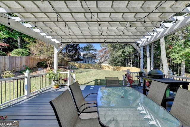 2820 Ashton Tree Ct, Dacula, GA 30019 - wooden terrace with a pergola, a yard, a fenced backyard, and outdoor dining area
