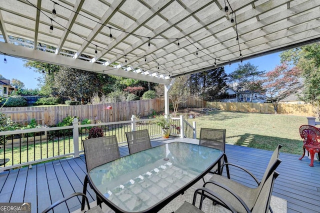 2820 Ashton Tree Ct, Dacula, GA 30019 - deck featuring a pergola, a fenced backyard, a yard, and outdoor dining space