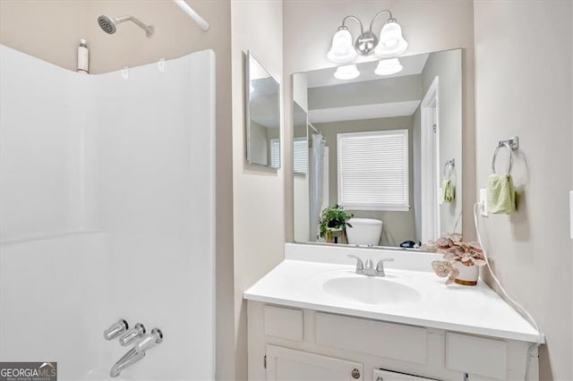 992 Old Holcomb Bridge Rd, Roswell, GA 30076 - bathroom with shower / tub combo with curtain, toilet, and vanity