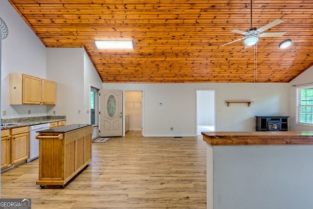 kitchen featuring ceiling fan, a kitchen island, white dishwasher, wooden ceiling, and light brown cabinets