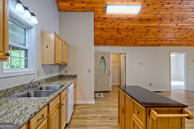 kitchen featuring wood ceiling, dishwasher, a sink, lofted ceiling, and light wood-style flooring