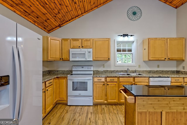 kitchen featuring white appliances, high vaulted ceiling, light wood-type flooring, wood ceiling, and a sink