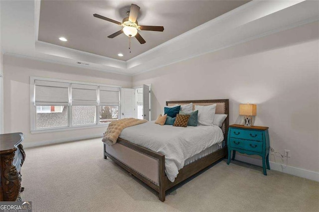 2601 Boulder Way, Woodstock, GA 30188 - carpeted bedroom with a tray ceiling, baseboards, recessed lighting, crown molding, and ceiling fan