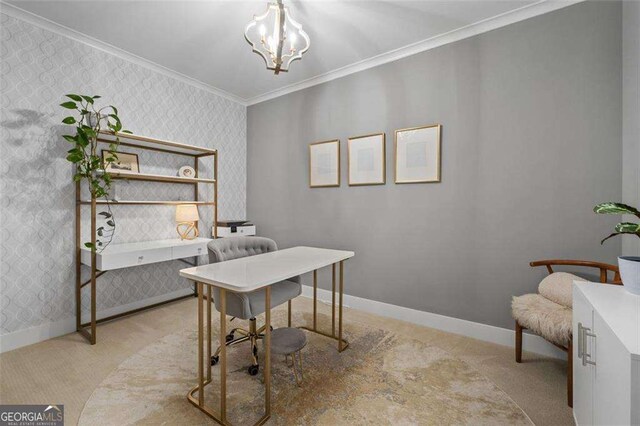 2601 Boulder Way, Woodstock, GA 30188 - carpeted office featuring wallpapered walls, a chandelier, crown molding, and baseboards