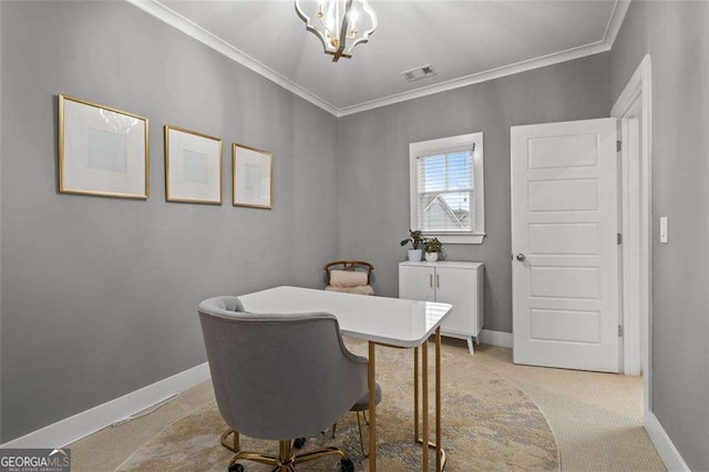2601 Boulder Way, Woodstock, GA 30188 - office featuring baseboards, ornamental molding, light carpet, and a chandelier