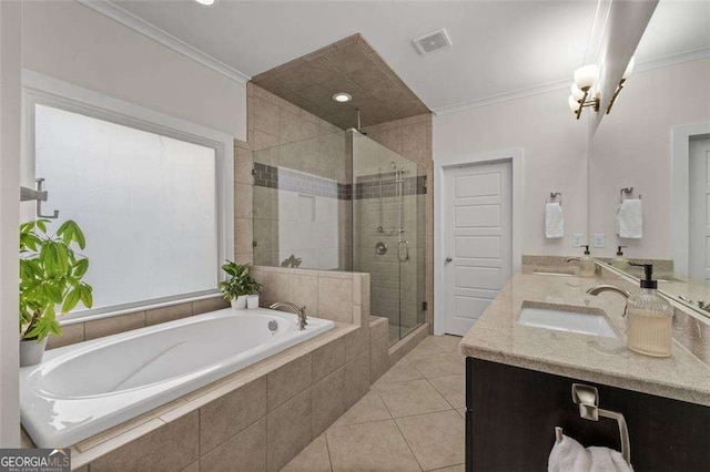 2601 Boulder Way, Woodstock, GA 30188 - bathroom featuring ornamental molding, a bath, tile patterned floors, a stall shower, and double vanity