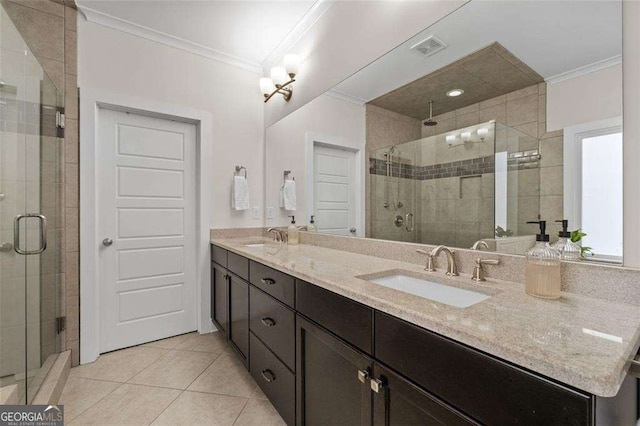 2601 Boulder Way, Woodstock, GA 30188 - bathroom with crown molding, a stall shower, tile patterned flooring, and double vanity