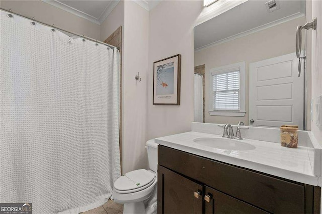 2601 Boulder Way, Woodstock, GA 30188 - bathroom featuring crown molding, toilet, vanity, tile patterned flooring, and a shower with curtain