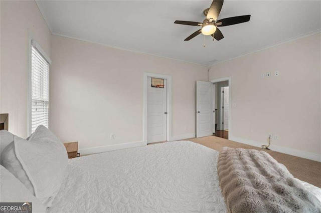 2601 Boulder Way, Woodstock, GA 30188 - bedroom with baseboards, ornamental molding, carpet floors, and ceiling fan