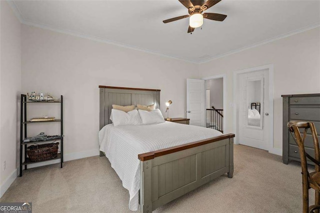 2601 Boulder Way, Woodstock, GA 30188 - bedroom featuring light colored carpet, ornamental molding, baseboards, and a ceiling fan