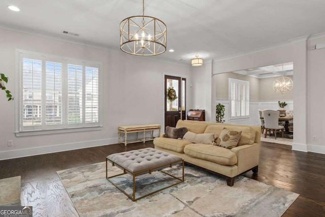 2601 Boulder Way, Woodstock, GA 30188 - living room featuring a chandelier, ornamental molding, plenty of natural light, recessed lighting, and baseboards