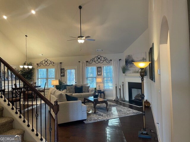 3708 Southfield Ct Unit 43A, Loganville, GA 30052 - living area with plenty of natural light, stairway, dark wood finished floors, and high vaulted ceiling