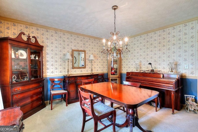 3740 Laurel Brook Way, Snellville, GA 30039 - carpeted dining space with wainscoting, ornamental molding, a chandelier, wallpapered walls, and a textured ceiling