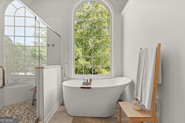 bathroom with a shower stall, a soaking tub, and crown molding