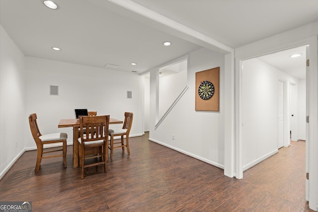 dining room with wood finished floors, recessed lighting, and baseboards