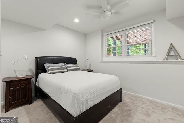 bedroom with light colored carpet, baseboards, a ceiling fan, and recessed lighting