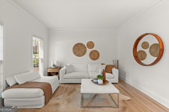 living area with ornamental molding, light wood finished floors, and baseboards