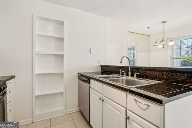 kitchen with white cabinets, dark countertops, stainless steel dishwasher, and a sink