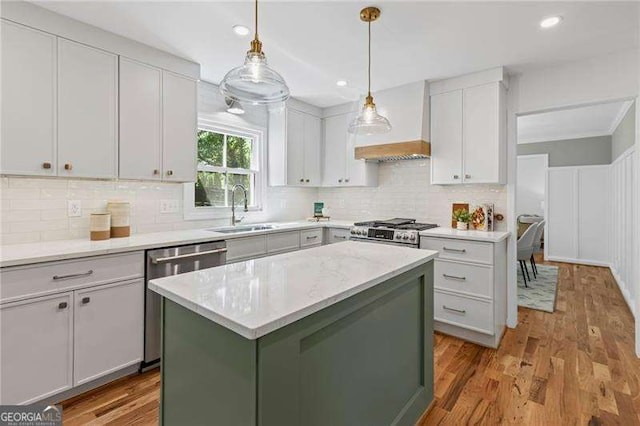 kitchen with decorative backsplash, custom range hood, a sink, appliances with stainless steel finishes, and a kitchen island